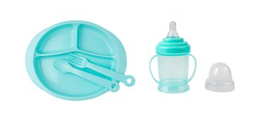 Kaşıklı ve Çatallı Bebek Tabağı, Boş Çocuklar Kasesi, Renkli Çocuklar Utensil, Küçük Renkli Bebek Masası Tabağı, Beyaz Arkaplanda Yeni Bebek Tabakları