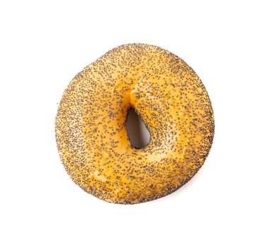 Haşhaşlı bagel izole edildi, bir yuvarlak ekmek, kahvaltıda haşhaşlı buğday ekmeği fırını, beyaz arka planda sade yuvarlak simit ekmeği