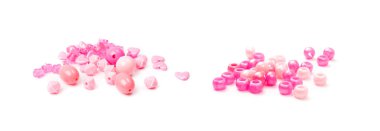 Pink pearly bead set isolated. Beading craft accessory, beads pile, hearts, balls and flowers beadwork handicraft elements on white background