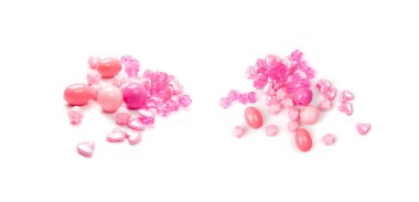 Pink pearly bead set isolated. Beading craft accessory, beads pile, hearts, balls and flowers beadwork handicraft elements on white background