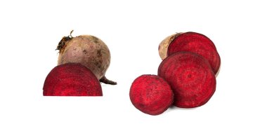 Pancar dilimi izole edilmiş. Kırmızı pancar kesimi, pancar kökü parçaları, beyaz arka planda dilimlenmiş pancar kökü.