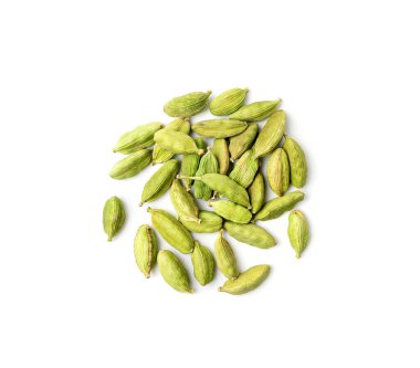 Kakule kaplı, Yeşil Kardamon Tohumları, Kuru Kardamon, Kardamum Baharatı, Genera Elettaria Fasulyesi, Kardamomum Baharatı, Beyaz Arkaplandaki Kuru Yeşil Kakulayı