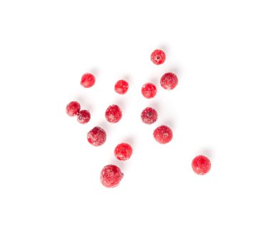 Donmuş Lingonberry İzole edilmiş, Dağılmış Buzlu Cowberry, Kar Yabanmersini, Kırmızı Viburum Böğürtlenleri, Donmuş Lingonberry Beyaz Arkaplan Üst Görünümünde