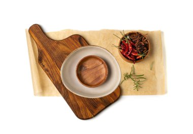 Wood Cutting Board Mockup Isolated, Vintage Chopping Board Background, Empty Cut Desk, Baking Paper, Cutting Board with Copy Space Top View