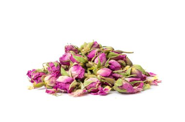 Kuru Gül Tomurcukları, Pembe Çiçek Çayı için Gül Yaprakları, Kurumuş İran Gülleri, Beyaz Arkaplanda İzole Edilmiş Gül Tomurcukları