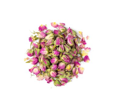 Kuru Gül Tomurcukları, Pembe Çiçek Çayı için Gül Yaprakları, Kurumuş İran Gülleri, Beyaz Arkaplanda İzole Edilmiş Gül Tomurcukları