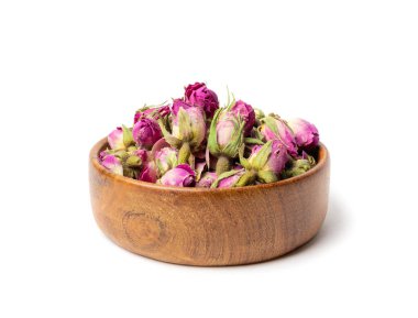 Tahta Kasede Kuru Gül Tomurcukları, Pembe Çiçek Çayı için Gül Yaprakları, Kurumuş İran Gülleri, Beyaz Arkaplanda İzole Edilmiş Gül Tomurcukları