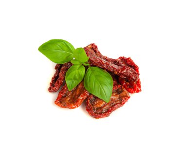 Kuru domatesler, kurutulmuş Pomodoro Yığını, kurutulmuş zeytinyağlı domates, kurutulmuş suni sebze dilimleri, kuru erik domatesleri, beyaz arka planda İtalyan çerezi.