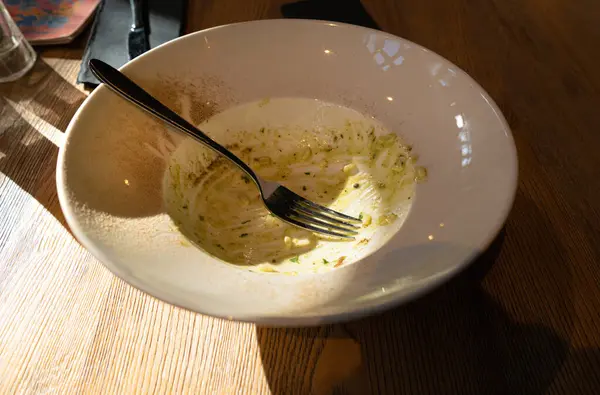 Dirty Plate, Empty Bowl after Risotto Dinner, Finished Lunch in White Restaurant Bowl Background