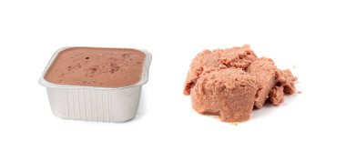 Kare Metal Paketlemede Evcil Hayvan Yemeği, Kediler İçin Islak Yemek, Köpek Konserve Pate, Beyaz Arkaplanda Açık Evcil Hayvan Yemeği