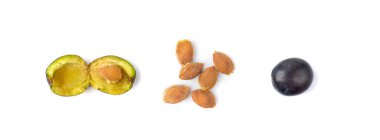 Erik çekirdeği izole edilmiş, Meyve Çekirdekleri Grubu, Erik Tohumu Koleksiyonu, Kayısı Çekirdekleri, Amygdalin ile Bitki Kemikleri, Yemek Pişirme, Kozmetik, Parfüm İçeriği Beyaz Arkaplan Üst Görünümü