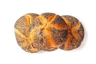 Haşhaş tohumlu ekmek izole edildi, Kaiser Roll, Tohum Kahvaltı Çörekleri Yığını, Poppyseed Round Bagel, Poppy Seed Bun on White Background