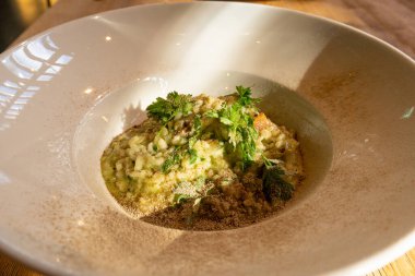 Zarif Restoran Tabağı üzerine mantar risotto, Porcini Mantar Rissoto, Lezzetli İtalyan Risoto Yemeği, Kremalı Pirinç Yemeği, Geleneksel Mantar Risotto