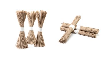 Dry Soba Isolated, Raw Buckwheat Noodles, Uncooked Buck Wheat Pasta, Gluten-Free Soba Spaghetti on White Background