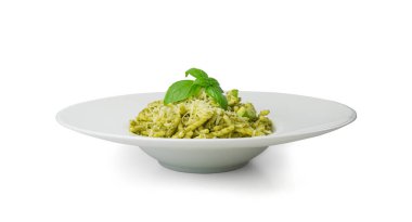 Trofie Al Pesto, Pesto soslu İtalyan Makarnası, Geleneksel Genovese Troffie, Fusilli Pugliesi, Restoran Tabağı Üzerine Liguria Yemeği, Trofie Al Pesto ile Akdeniz Yemeği