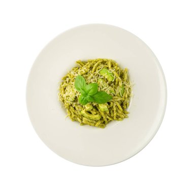 Trofie Al Pesto, Pesto soslu İtalyan Makarnası, Geleneksel Genovese Troffie, Fusilli Pugliesi, Restoran Tabağı Üzerine Liguria Yemeği, Trofie Al Pesto ile Akdeniz Yemeği