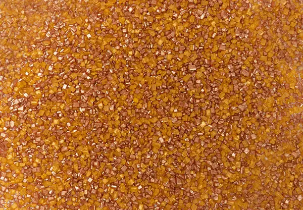 Sugar Sprinkles Pile Isolated, Golden Candy Sprinkles, Sweet Brown Flakes Glaze Decoration, Color Sugar, Multicolored Crystals on White Background Top View