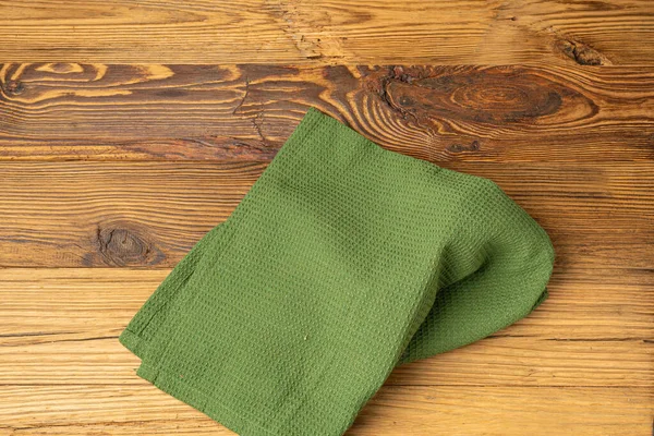 Green Kitchen Napkin Mockup, Eco Towel on Wooden Table with Copy Space for Text, Tablecloth Banner, Restaurant Dishcloth Mock Up, Table Cloth on Wood Background Flat Lay, Top View