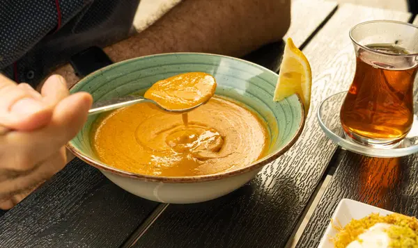 Sopa Lentilha Vermelha Mercimek Yellow Cream Puree Shorba Ramadan Food — Fotografia de Stock