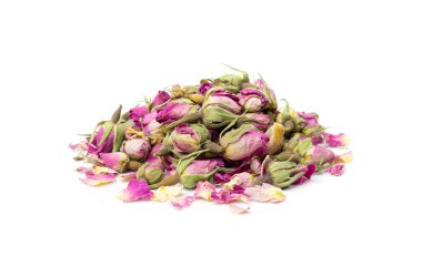 Kuru Gül Tomurcukları, Pembe Çiçek Çayı için Gül Yaprakları, Kurumuş İran Gülleri, Beyaz Arkaplanda İzole Edilmiş Gül Tomurcukları