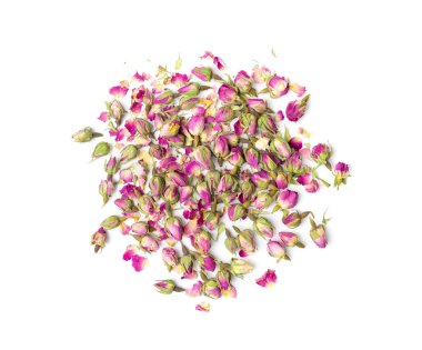 Kuru Gül Tomurcukları, Pembe Çiçek Çayı için Gül Yaprakları, Kurumuş İran Gülleri, Beyaz Arkaplanda İzole Edilmiş Gül Tomurcukları