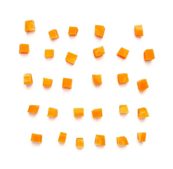 Fresh Diced Carrot Isolated Raw Carrot Cubes Closeup Chopped Orange — Stock Photo, Image