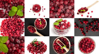 Donmuş Lingonberry İzole edilmiş, Dağılmış Buzlu Cowberry, Cam Kasede Kar Yabanmersini, Kırmızı Viburum Böğürtlenleri, Donmuş Lingonberry Beyaz Arkaplan Üst Görünümü