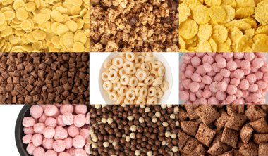 Kahvaltı gevreği topları dokuyu karıştırır, mısır gevreği kolajı, gevrek mısır gevreği kolajı, renkli mısır topları deseni, pembe, sarı veya kahverengi ve beyaz mısır gevreği kolajı