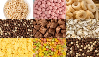 Kahvaltı gevreği topları dokuyu karıştırır, mısır gevreği kolajı, gevrek mısır gevreği kolajı, renkli mısır topları deseni, pembe, sarı veya kahverengi ve beyaz mısır gevreği kolajı