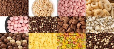 Kahvaltı gevreği topları dokuyu karıştırır, mısır gevreği kolajı, gevrek mısır gevreği kolajı, renkli mısır topları deseni, pembe, sarı veya kahverengi ve beyaz mısır gevreği kolajı