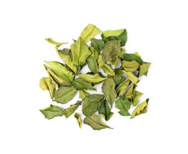 Thai lime dried leaves isolated, makrut lime or Citrus hystrix leaf pile, kaffir lime dry sprouts, Southeast Asia spices, tom yam soup ingredient on white background clipart