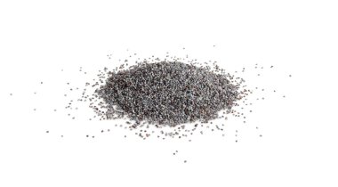 Haşhaş tohumu yalıtılmış, Mavi Haşhaş tohumu, Küçük Aşçılık Taneleri, Küçük Tohumlar, Pişirmek için Yağlı Tohumlar, Beyaz Arkaplanda Haşhaş Tohumu