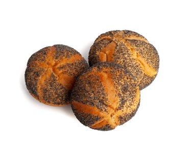 Haşhaş tohumlu ekmek izole edildi, Kaiser Roll, Tohum Kahvaltı Çörekleri Yığını, Poppyseed Round Bagel, Poppy Seed Bun on White Background