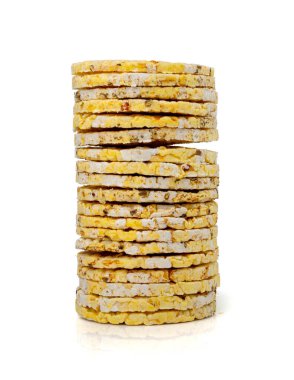 Puffed Corn Cake Isolated. Corn Diet Bread with Fragrant Herbs and Spices, Waffle with Corns, Rice, Cereal Snack, Yellow Crackers, Diet Galettes on White Background