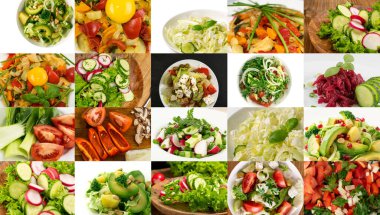Salata kolajı, restoran menüsü, taze vejetaryen yemeği, çeşitli salata koleksiyonları, farklı sağlıklı yiyecekler, sebzeli diyet seti, sebzeler.