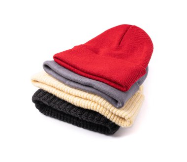 Winter Hats Isolated, Knitted Winter Clothes, Woolen Hat Pile, Sports Cap, Knit Beanie on White Background