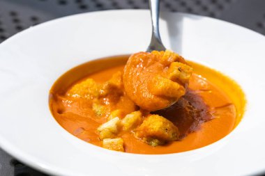 Kremalı domates çorbası ya da kıtır ekmekli çorba, lezzetli, pürüzsüz bir doku, bitkiler ve baharatlarla mükemmel sağlıklı bir öğle yemeği, İtalyan yemeği.