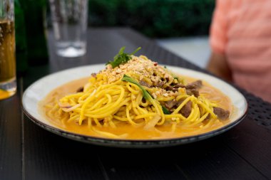 Chiang mai eriştesi, Asya baharatlı yumurta makarna etli, sarı körili şehriye çorbası Khao Soi veya Khao Sawy, Tayland yemeği yakın plan, bulanık arka plan, seçici odaklanma