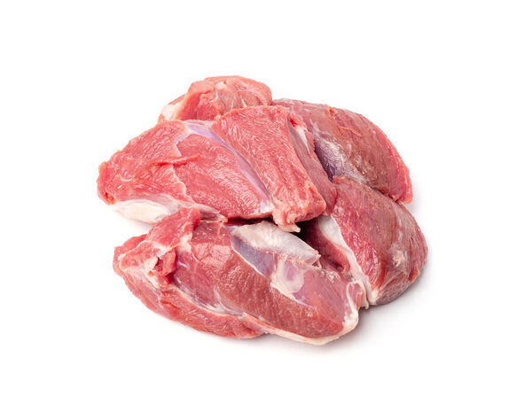 Raw mutton fillet isolated, lamb meat pieces, tenderloin or mutton sirloin meat. Fresh sheep fillet cubes, loin filet on white background