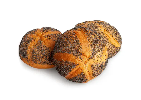 Haşhaş tohumlu ekmek izole edildi, Kaiser Roll, Tohum Kahvaltı Çörekleri Yığını, Poppyseed Round Bagel, Poppy Seed Bun on White Background