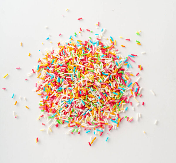 Candy Sprinkle Pile, Donut Rainbow Sprinkles Isolated, Sweet Color, Many Small Vermicelli on White Background Top View