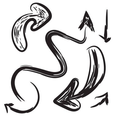 Sketchy ok seti. Karalama okları, el çizimi yön işaretleri, fırça ok taslak koleksiyonu, yarım yamalak işaretler, karalama imleci vektör çizimi