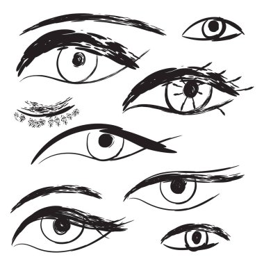 El çizimi göz seti. Optik karalama çizimi, görsel çizim, karalama göz tasarım elementleri oymalı, siyah beyaz geçmişe dönük göz küresi, göz vektör çizimi