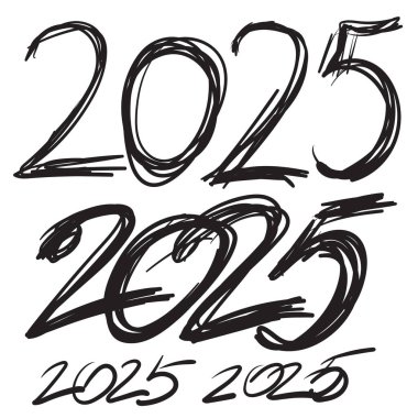 2025 Hand Drawn Vector Numbers, Çin Yeni Yıl Kaligrafi Takvim Tasarımı. Doodle Tebrik Kartı, Scribble El Yazı Tipi, Serbest Yazı Tipi 2025 Grafik Elemanı