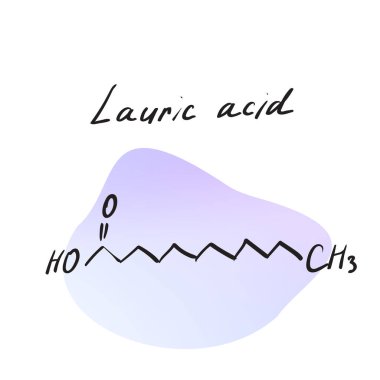 Lauric acid molecule, dodecanoic fatty acid molecule formula. Hand drawn imitation, structural model, penicillin chemistry skeletal formula, sketchy vector icon clipart