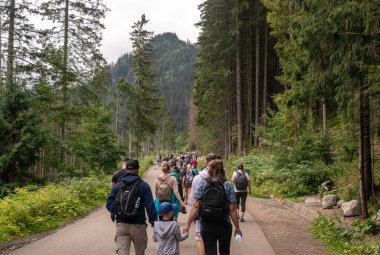 Zakopane, Polonya, 13 Ağustos 2022 Morskie Oko Yolu, dağ yolunda turistler, yazın Tatra Ulusal Parkı, editoryal görüntü