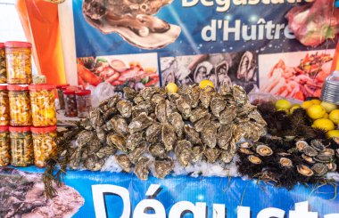 Essaouira, Fas, 10 Ocak 2024: Essaouira Medina limanındaki balık pazarı, deniz kestaneleri, istiridye ve deniz ürünleri Fas 'ta deniz ürünleri satışı, gıda zehirlenmesi ucuz, editoryal görüntü ucuz