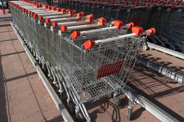 Varşova, Polonya, 19 Ekim 2023 Auchan Alışveriş Arabaları, Süpermarket yakınlarındaki Alışveriş Sepeti Hattı, Açık Dükkan Arabası, Boş Trolley, Alışveriş Malzemeleri, editoryal görüntü