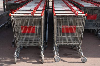 Varşova, Polonya, 19 Ekim 2023 Auchan Alışveriş Arabaları, Süpermarket yakınlarındaki Alışveriş Sepeti Hattı, Açık Dükkan Arabası, Boş Trolley, Alışveriş Malzemeleri, editoryal görüntü