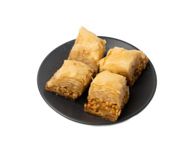 Baklava Isolated, Small Ramadan Dessert, Eastern Sweet Filo Pastries, Turkish Honey Diamant Baklawa, Traditional Oriental Desert, Small Baklava Pieces on White Background clipart